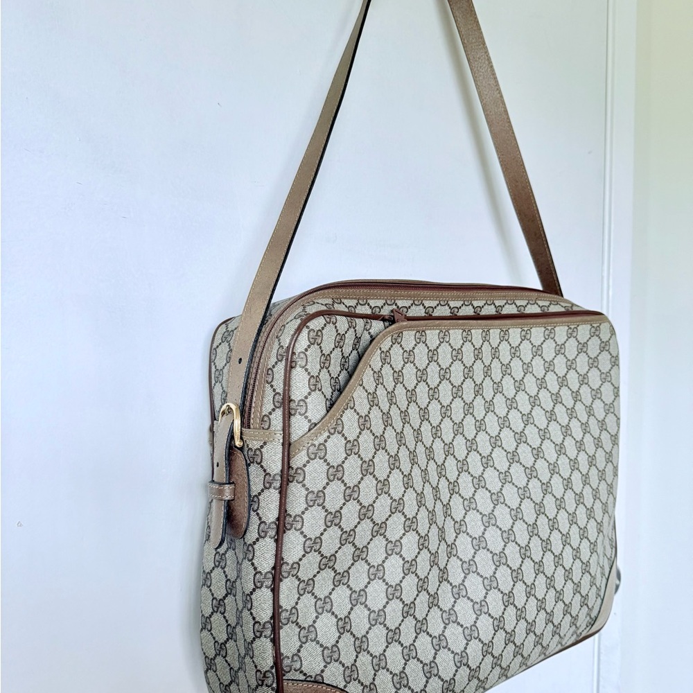 Gucci Cream and Brown Monogram Shoulder Bag with Gold Hardware